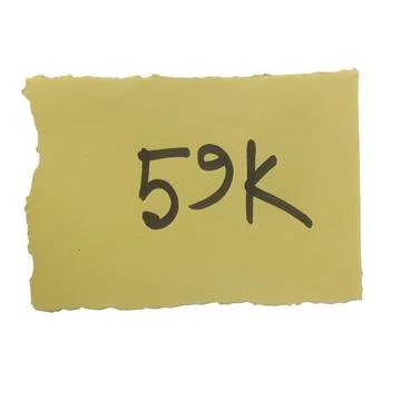 Small yellow paper sticky note with handwritten number 59k isolated on a tr.. Stock Photos