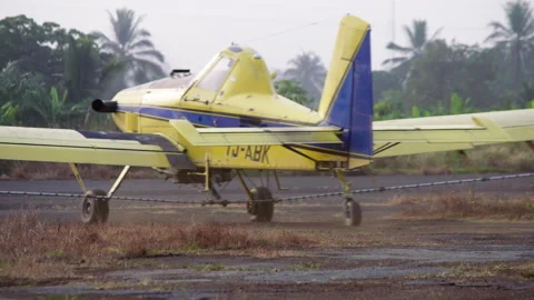 A small yellow plane takes off on a runway in Cameroon, Africa Stock Footage 261975339