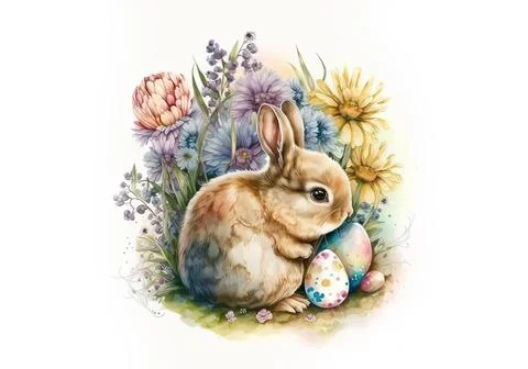 Small young rabbit is sitting in field among wild flowers and grass. Waterc.. Stock Illustration