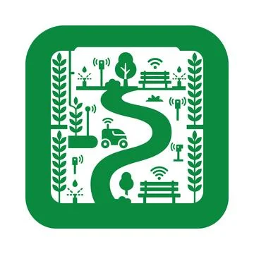 Smart agriculture path icon with robotic tractor and automated sprinkler sy.. Stock Illustration