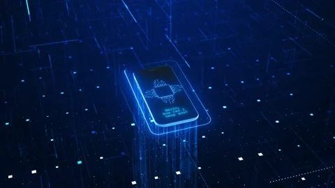 Smart AI mobile support visual glowing phone, circuit chip graphic, blue data gr Stock Footage 340577532