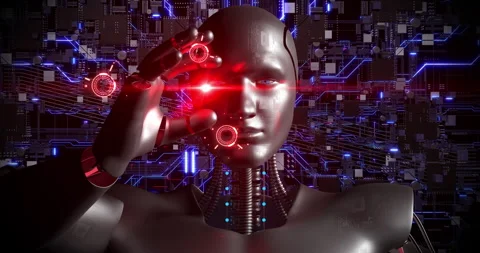 Smart AI Robot Analyzing Computer Chip. Transferring Data. Stock Footage 260782800