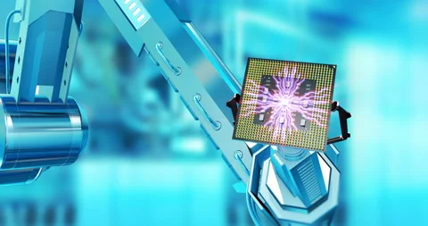 Smart ai robotic arm holding a computer processor. Stock Footage 234418236