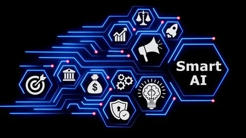 Smart ai text displayed on dark background with hi-tech icons. Stock Illustration