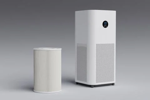 Smart Air Purification Concept. Modern White Air Purifier With Replaceable .. Stock Illustration