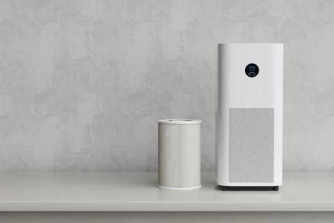 Smart Air Purification Concept. Modern White Air Purifier With Replaceable .. Stock Illustration