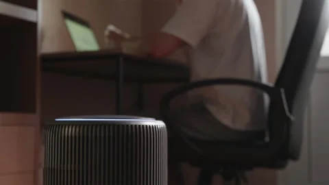 Smart air purifier operating on foreground with freelancer working on laptop Stockbeeldmateriaal 343872530