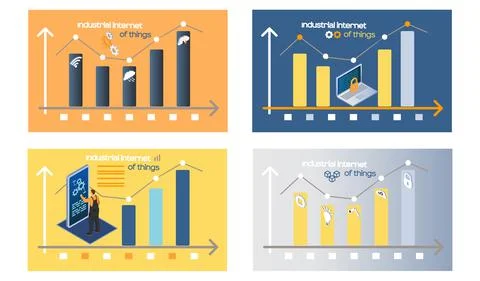 Smart analytics industrial internet of things. Set of four diagrams consisting Stock Illustration