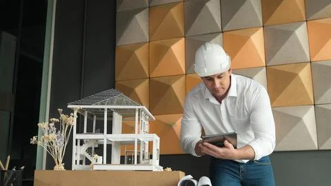 Smart architect engineer using tablet analysis house construction. Manipulator. 写真素材