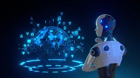 Smart artificial intelligence Robot Touch open network Stock Footage 243698092