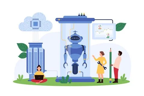 Smart assistant creation, AI development, tiny people repair robot inside lab Stock Illustration