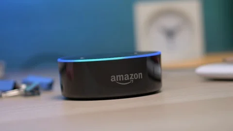Smart Assistant Device In Use On a Desk Amazon Echo 스톡 동영상 93568534