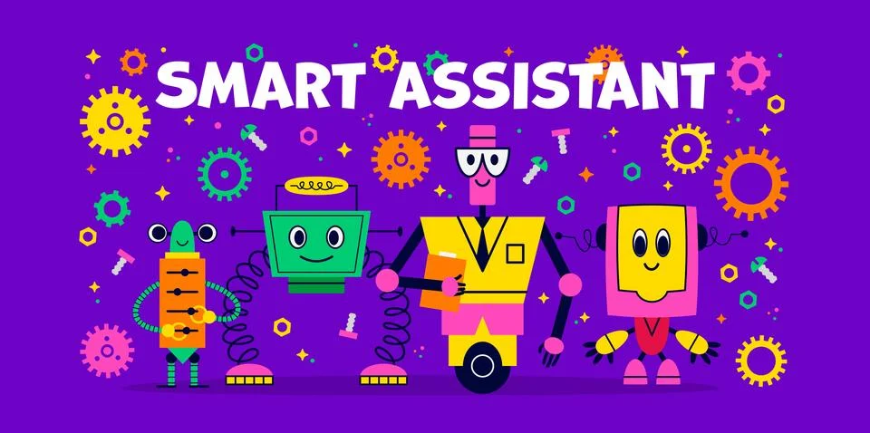Smart assistant technology banner with cute robots Stock Illustration