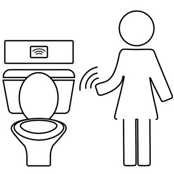 Smart automatic flush sensor with person activating toilet in restroom Illustrazione stock