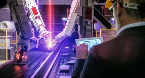 Smart automation industry robot in action welding metall - industry 4.0 conce Stock Photos