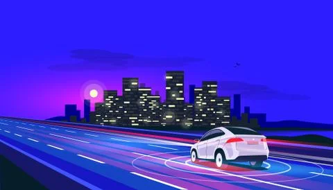 Smart Autonomous Driverless Electric Car Driving on Road to the City at Night Stock Illustration