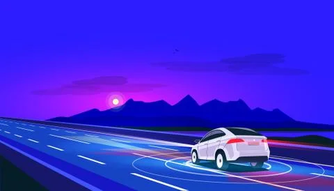 Smart Autonomous Driverless Electric Car Driving on Road at Night with Mounta Stock Illustration