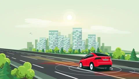 Smart Autonomous Driverless Electric Car Driving on Highway Road to the City Cen Stock Illustration