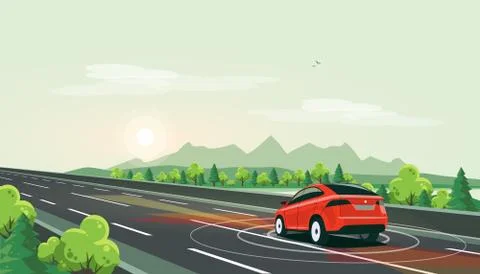 Smart Autonomous Driverless Electric Car Driving on Highway Road with Nature  Stock Illustration