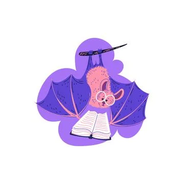 Smart bat hanging upside down and reading book, cartoon flat vector illustration Stock Illustration