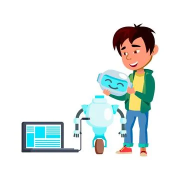 Smart boy assemble and programming robot in garage cartoon vector Illustrazione stock