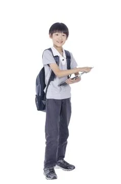 Smart  boy back backpack and notebook Stock Photos