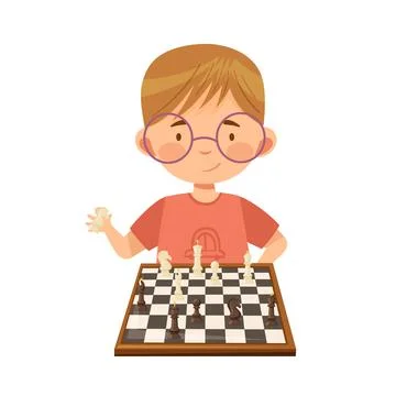 Smart Boy Character Playing Chess on Checkered Chessboard Vector Illustration Illustrazione stock