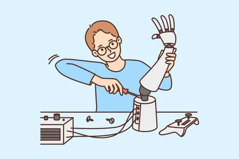 Smart boy develop robot in science lab Stock Illustration