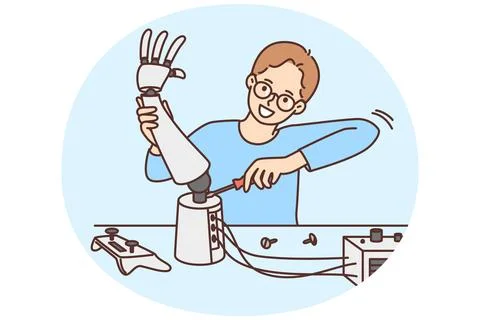 Smart boy develop robot in science lab Stock Illustration