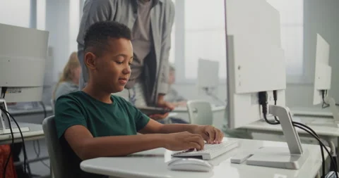 Smart Boy Using Computer, Doing 3D Design Project. Teacher Helping Young Stock Footage 316300571