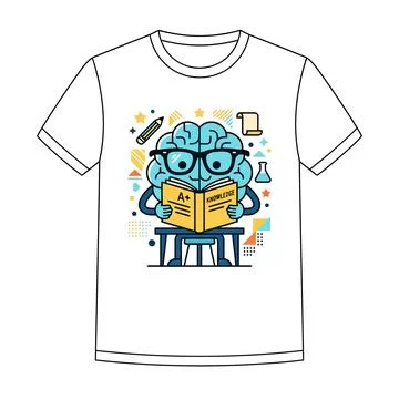 Smart brain character reading a+ book graphic t shirt design with t shirt Stock Illustration