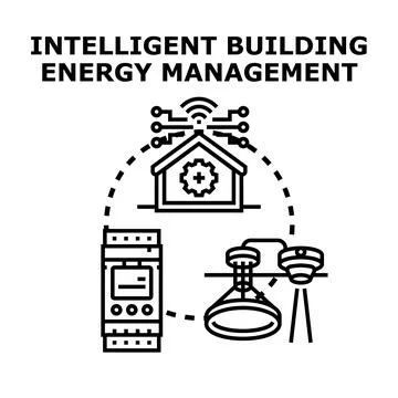 Smart building energy management system controlling devices Ilustração Stock