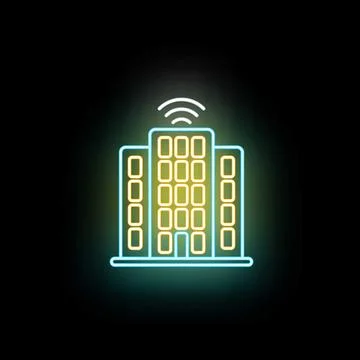 Smart building neon glowing with wireless network signal Ilustración de archivo