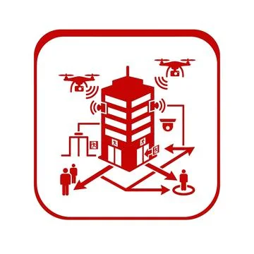 Smart building security icon red and white with drones and people exiting b.. Stock Illustration