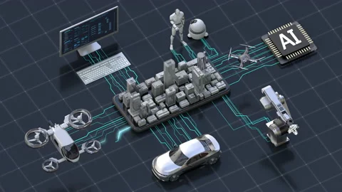 Smart Buildings from mobile, AI machine connect machines with futuristic UI. 4k. Vídeos de archivo 132327778