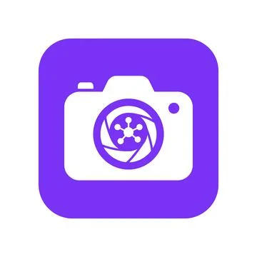 Smart camera aperture icon with network node symbol in purple for mobile ph.. Stock Illustration