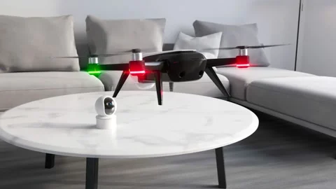 The smart camera focuses on the flying drone. Motion detection. Home security. Stock Footage 201229227