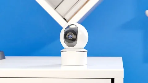 Smart camera working. Motion detection. Home security. Remote controlled. Desk Stock Footage 201193338