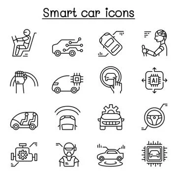Smart car icon set in thin line style Stock Illustration