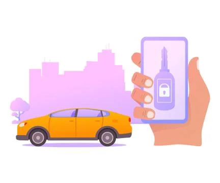 Smart car key security .The smartphone controls wireless auto. Stock Illustration