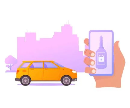 Smart car key security .The smartphone controls wireless auto. Stock Illustration
