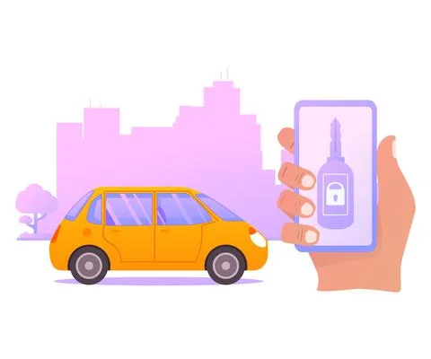 Smart car key security .The smartphone controls wireless auto. Stock Illustration