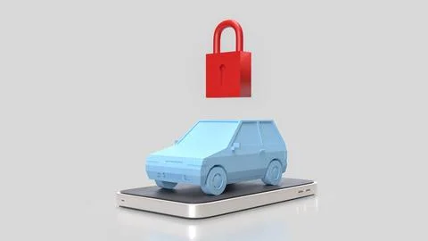 Smart Car Security Concept With Padlock On Mobile Device 3d render. Stock Illustration