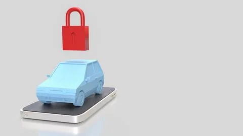 Smart Car Security Concept With Padlock On Mobile Device 3d render. イラスト素材