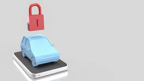 Smart Car Security Concept With Padlock On Mobile Device 3d render. Stock Photos