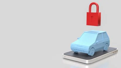 Smart Car Security Concept With Padlock On Mobile Device 3d render. Stock Photos