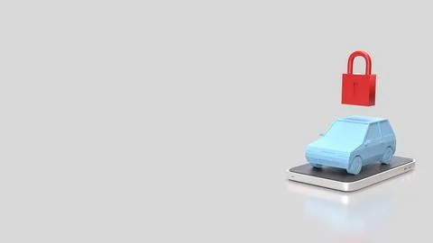 Smart Car Security Concept With Padlock On Mobile Device 3d render. Stock Photos