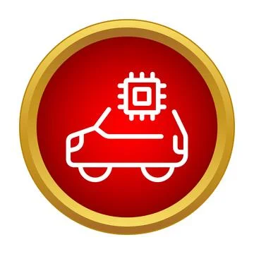 Smart car technology with microchip icon on red button Illustrazione stock