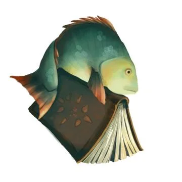 Smart carp. Fish with a book isolated on white background. blue green carp pupil Stock Illustration