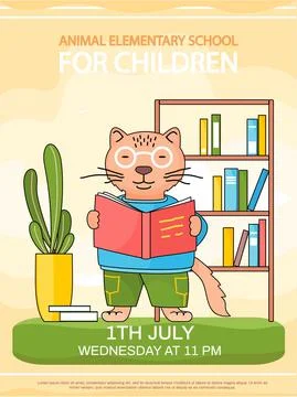 Smart cat in glasses with book is reading at lesson. Animal elementary school Stock Illustration